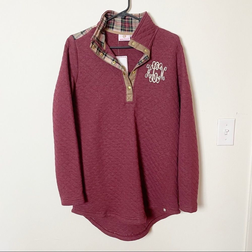 Marley Lilly Burgundy Plaid Quilted Monogram Quarter Button Pullover
